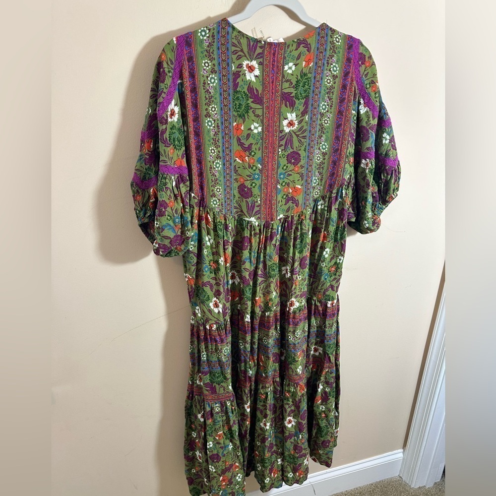 Entro Green Floral Midi Dress Lace Trim Ruffle Boho size Small - Picture 2 of 7